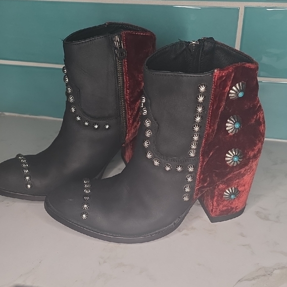 Double D Ranch Black and Wine Velvet Studded Heeled Boots - Picture 3 of 14